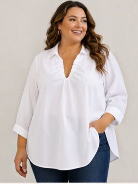 NWT Harshman Nerello White Cotton Popover Blouse Gathered Neck Tunic 3X